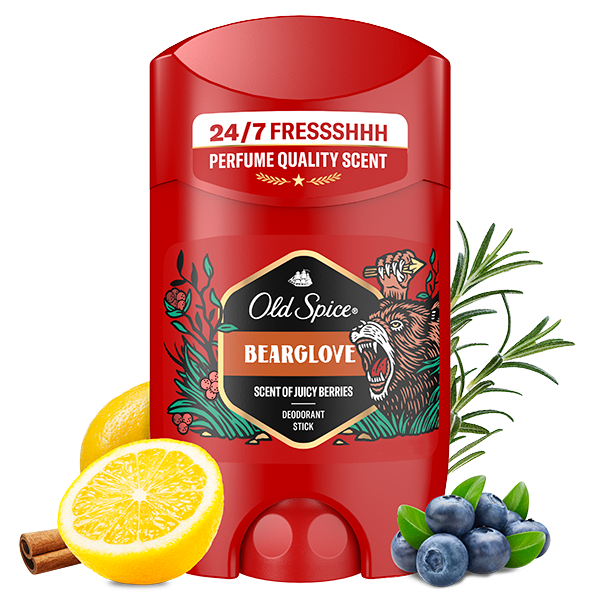 Old Spice Bearglove deodorant stick in red packaging labeled ‘24/7 Fresh,’ surrounded by lemon, blueberries, rosemary, and cinnamon to illustrate fragrance notes.
