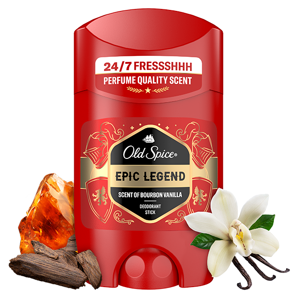 Old Spice Epic Legend deodorant stick in red packaging labeled ‘24/7 Fresh,’ surrounded by amber, vanilla flower, and tonka beans to highlight fragrance notes.