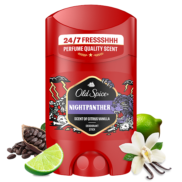 Old Spice Night Panther deodorant stick in red packaging labeled ‘24/7 Fresh,’ surrounded by lime, vanilla flower, and tonka beans to highlight fragrance notes.